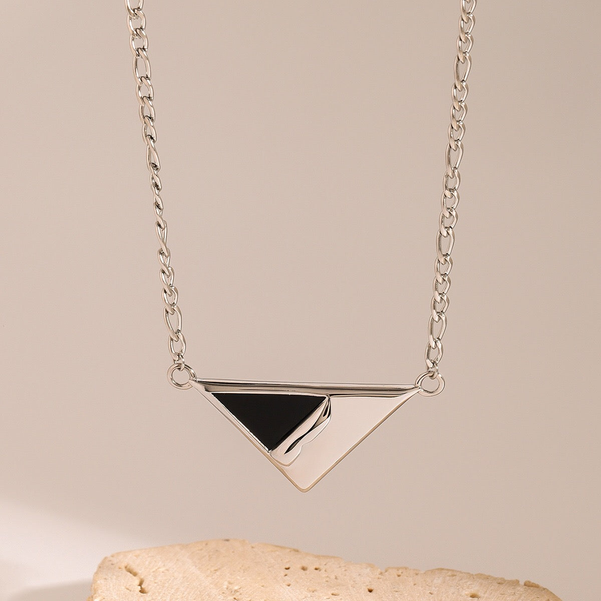 18K Gold Mother of Pearl Triangle Pendant Figaro Chain Necklace