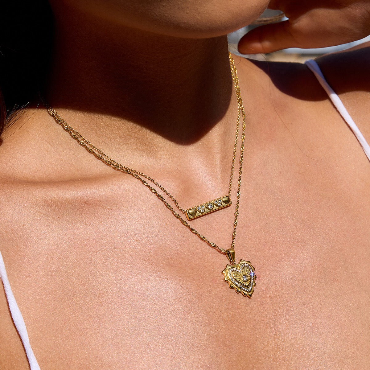 18K Gold Heart Signal Pendant Layered Necklace Set