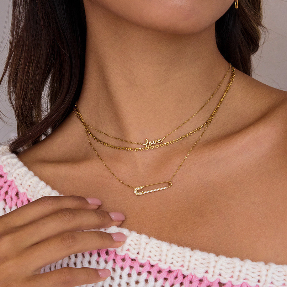 18K Gold Safety Pin Pendant Dainty Chain Layered Necklace Set
