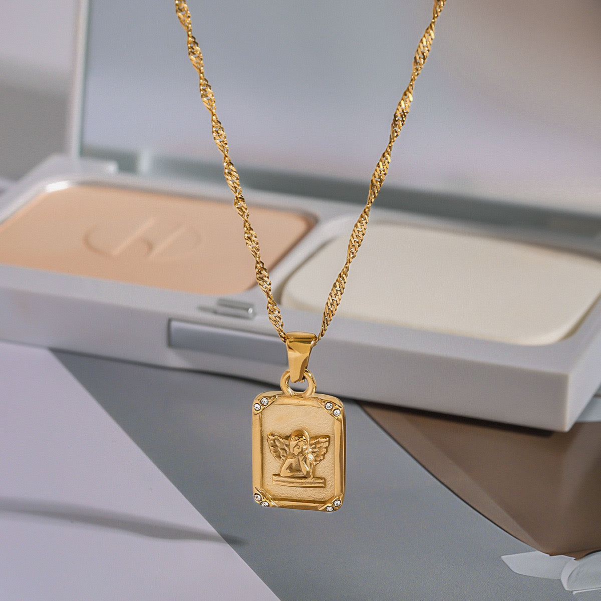18K Gold Cupid Plate CZ Pendant Necklace