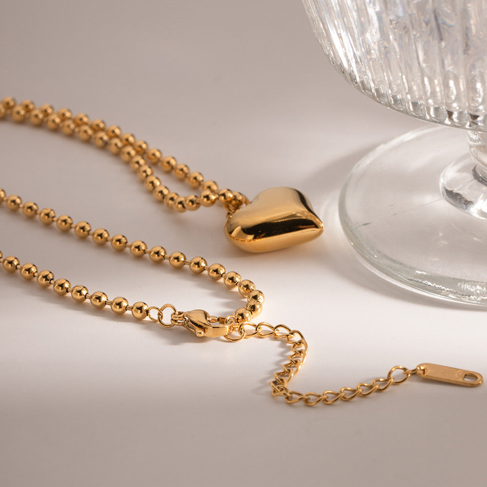 18K Gold Heart Pendant Small Ball Chain Necklace