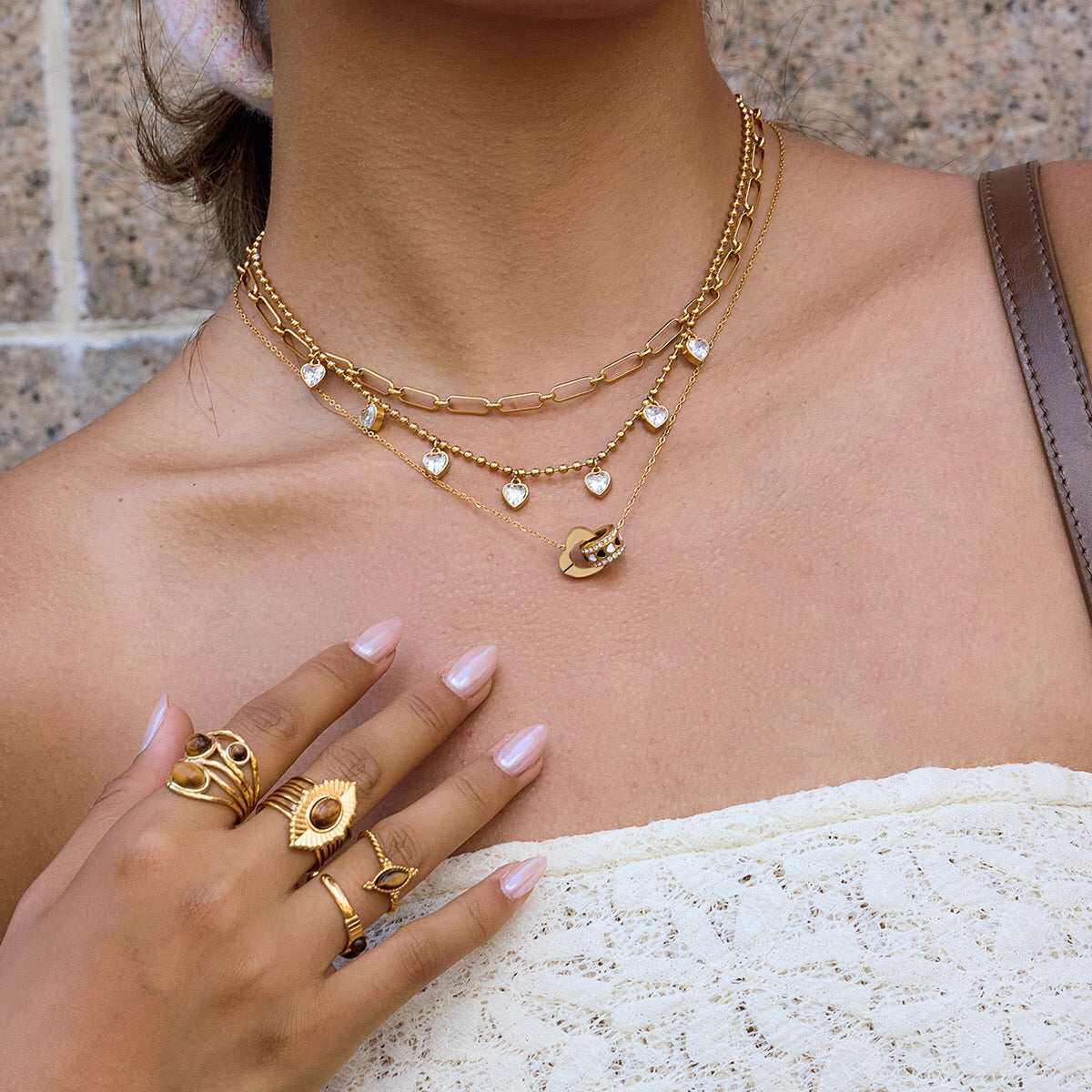 18K Gold Together Two Ring Connected Dainty Pendant Necklace