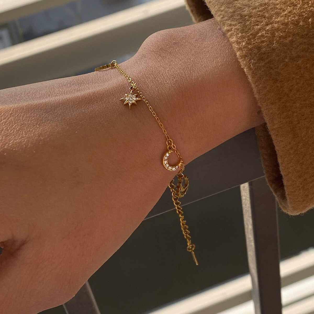 18K Gold Moon and Star Celestial Charm Chain Bracelet