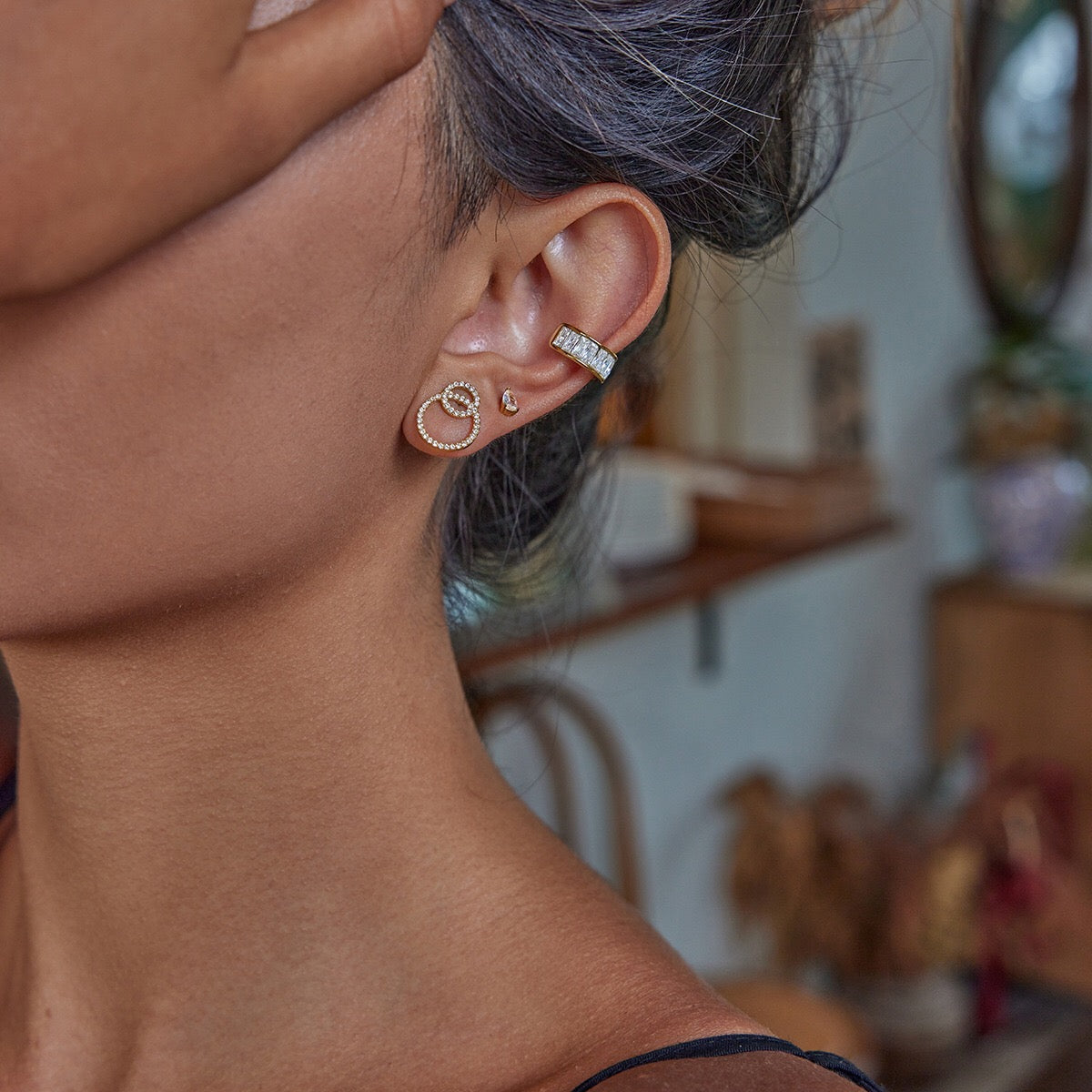 18K Gold Extra Bling Stud Earrings Ear Cuff Set