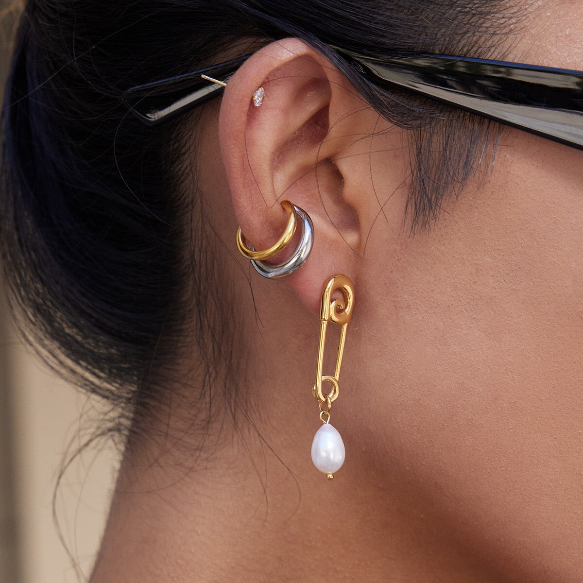 18K Gold Safety Pin Pearl Statement Dangle Stud Earrings