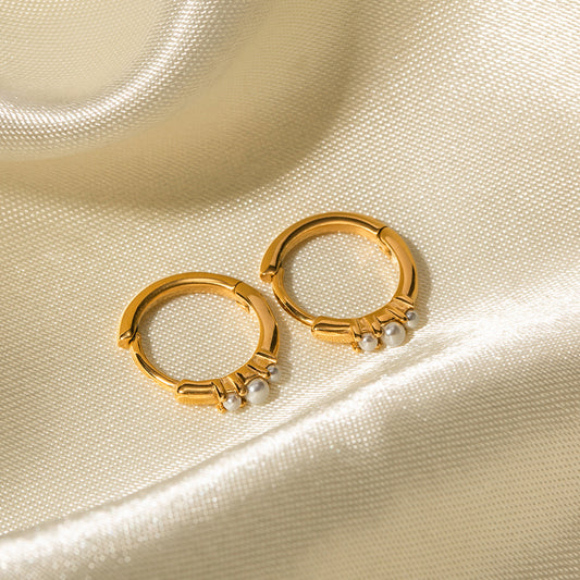 18K Gold Pearl Small Hoop Huggie Earrings
