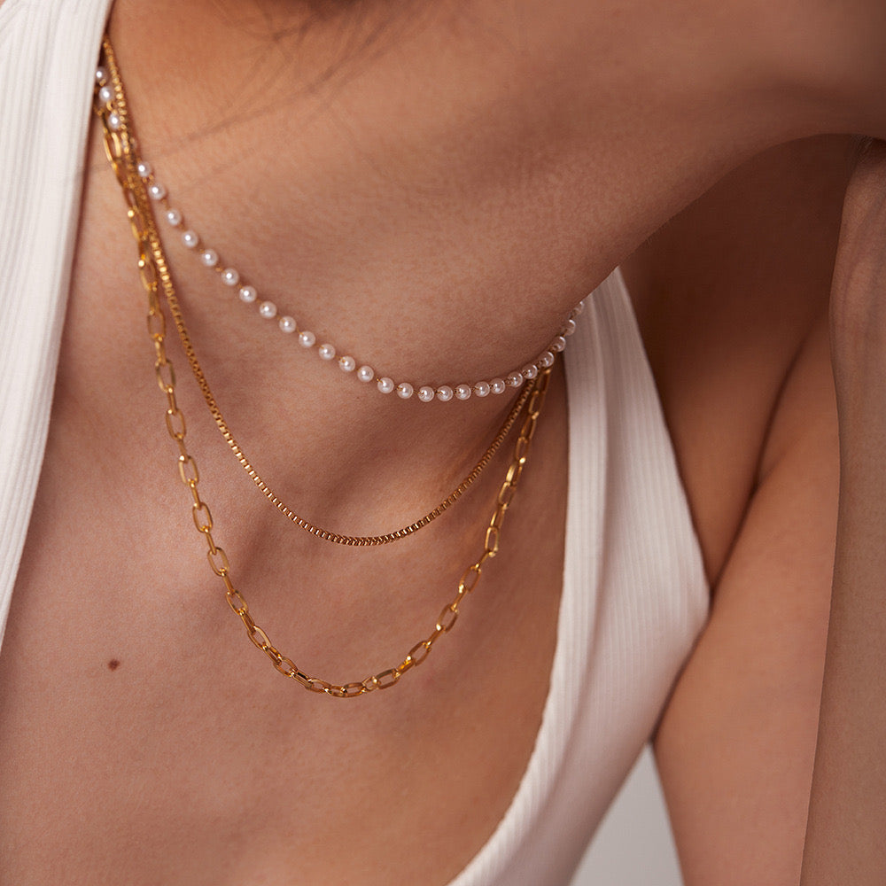 18K Gold Paperclip Box Chain Pearl Layered Necklace