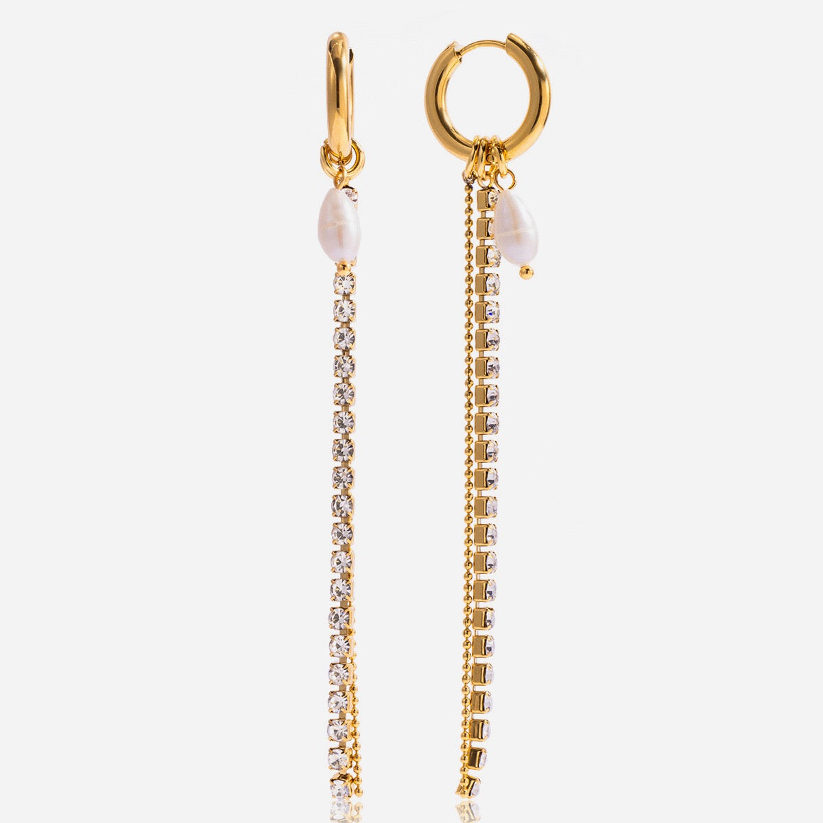 18K Gold Starstruck Tennis Chain Pearl Drop Dangle Huggie Earrings