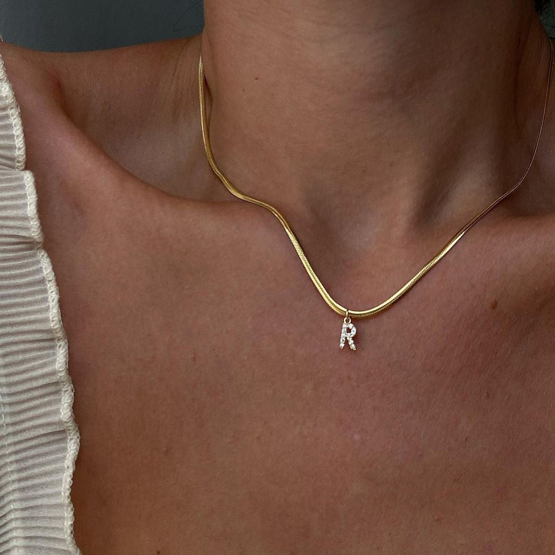 18K Gold Minimalist Glam Herringbone Chain Initial Dainty Necklace