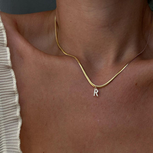 18K Gold Minimalist Glam Herringbone Chain Initial Dainty Necklace
