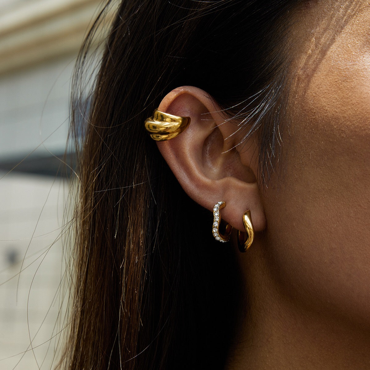 18K Gold Angel Wings Minimalist Bling Huggie Earrings Ear Cuff Set