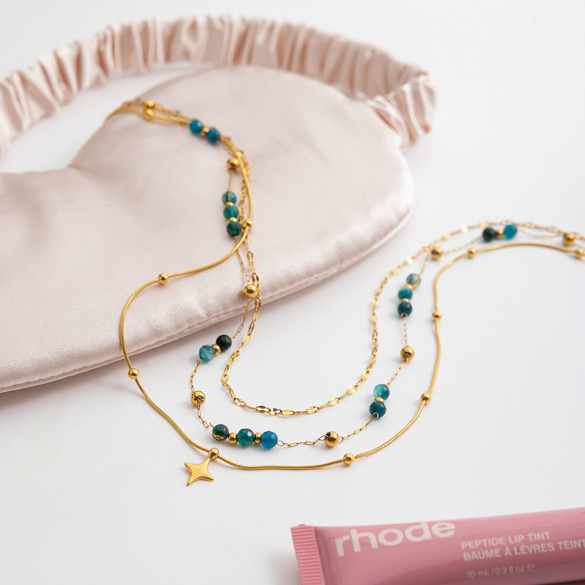 18K Gold Dainty Star Pendant Ocean Blue Beaded Layered Necklace Set
