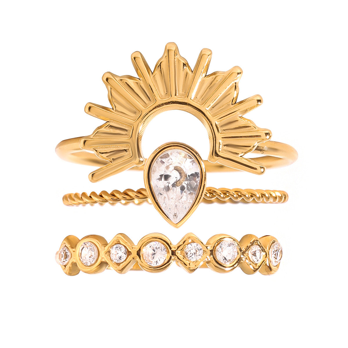 18K Gold Rising Sun Stacking Rings Set