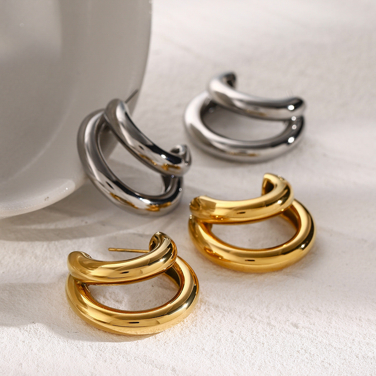 18K Gold Unique Double Hoop Huggie Earrings