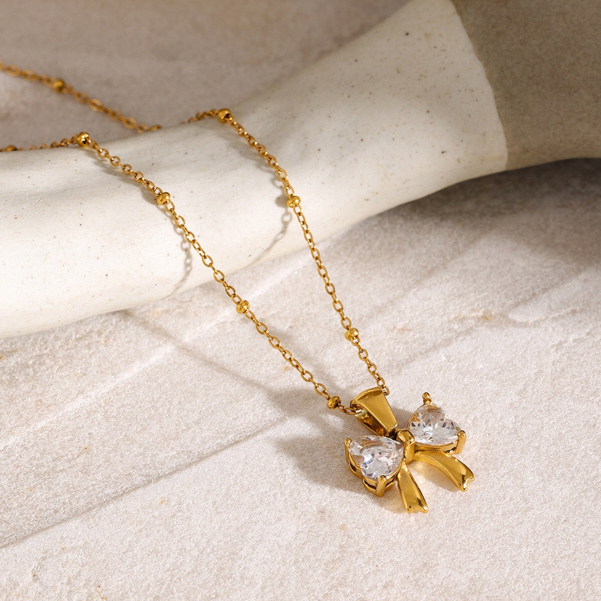 18K Gold Bling Coquette Bow Pendant CZ Necklace