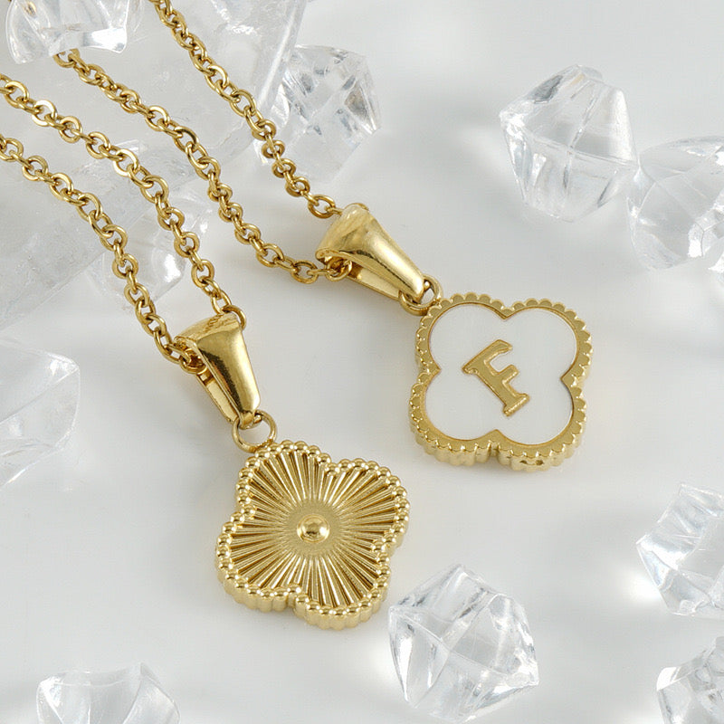 18K Gold Initial Letter Clover Pendant Necklace