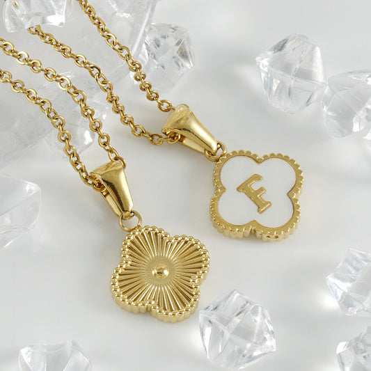 18K Gold Initial Letter Clover Pendant Necklace