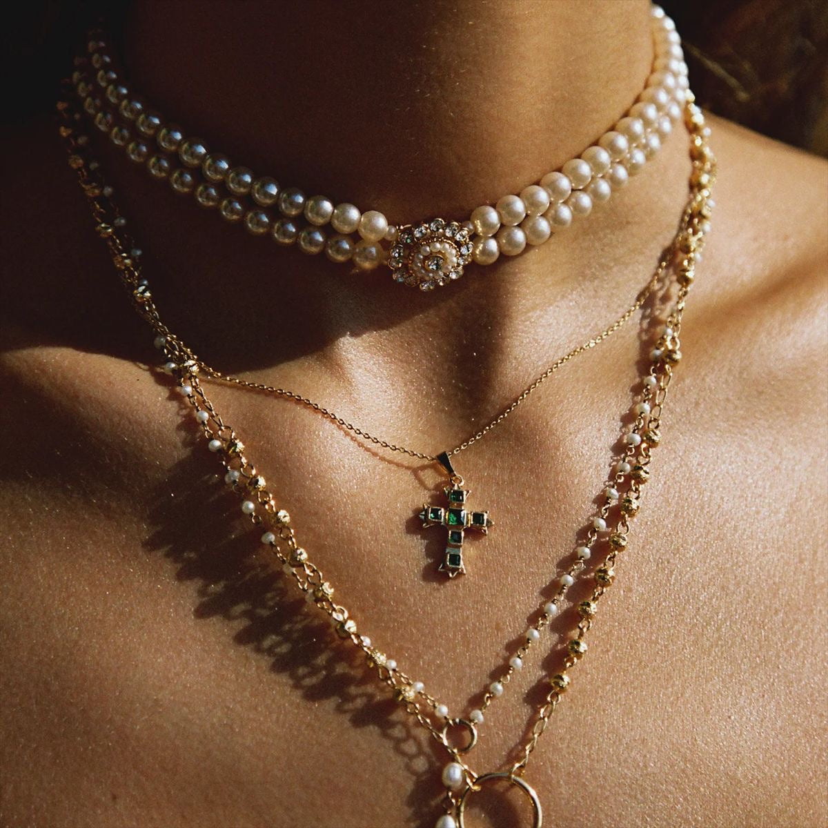 18K Gold Gemstone Cross Pendant Figaro Chain Statement Necklace