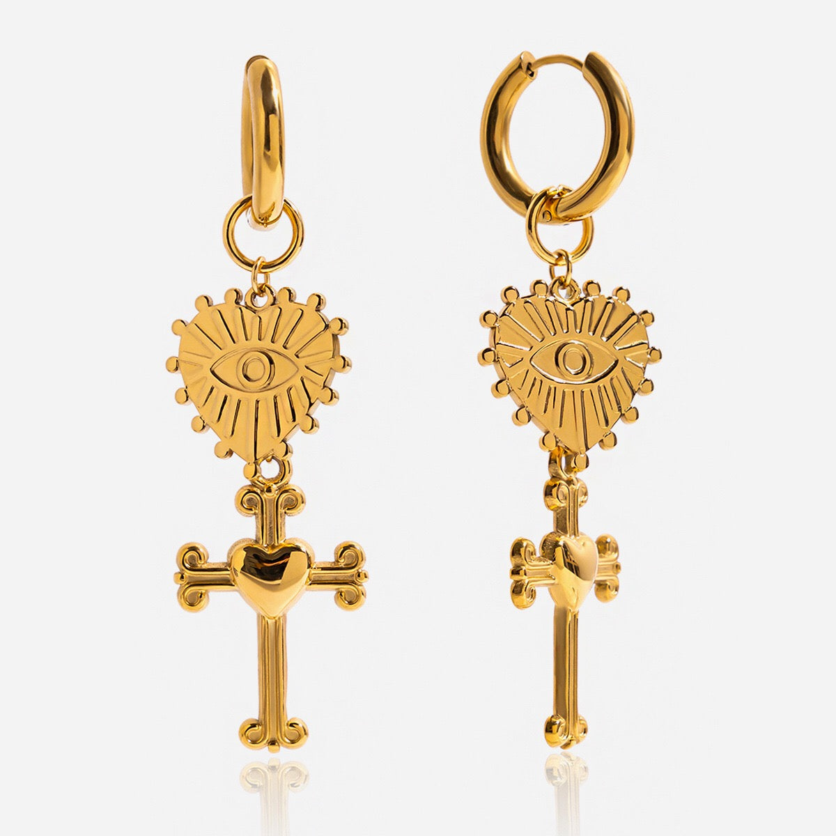 18K Gold Tempt Heart Cross Dangle Huggie Earrings with Charm