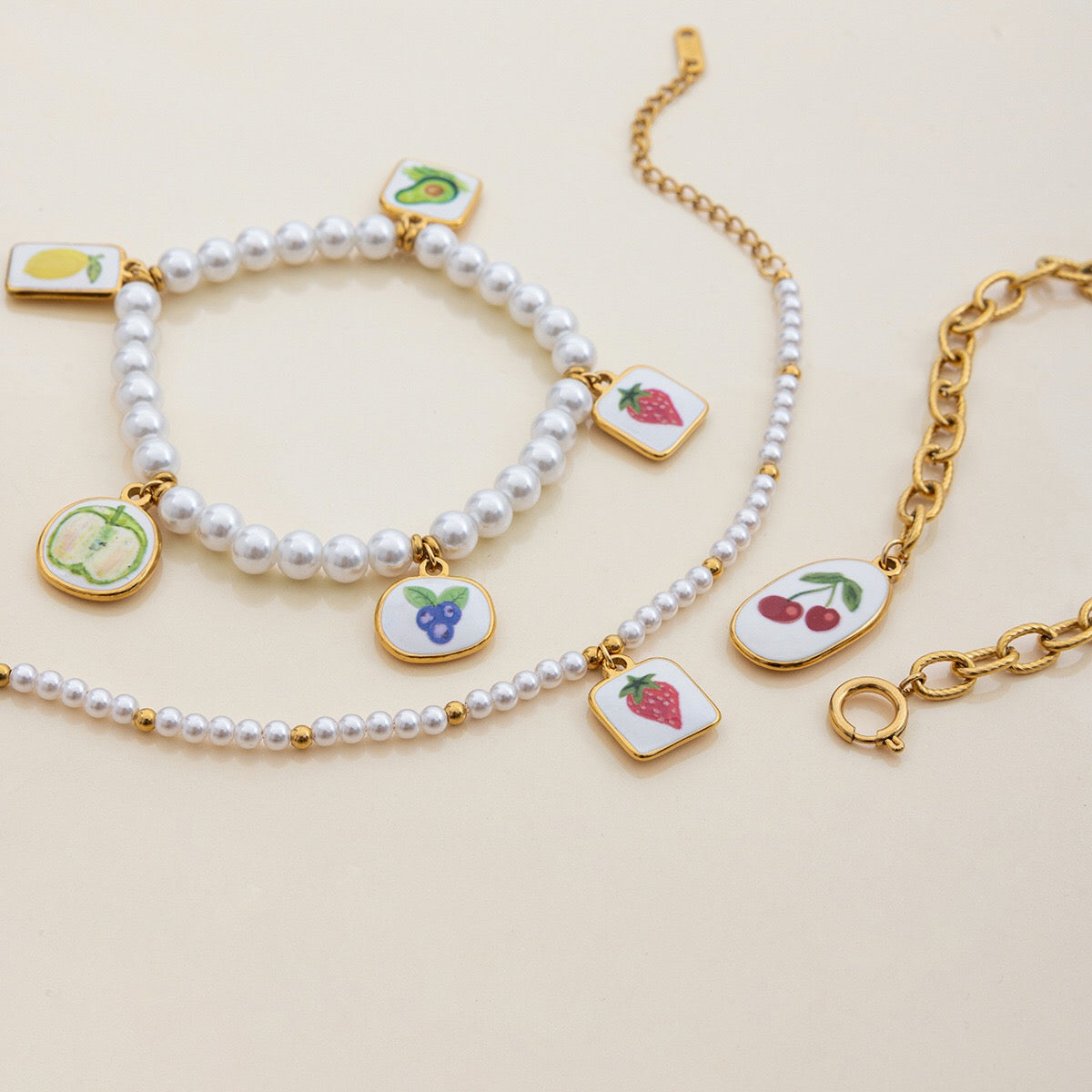 18K Gold Tropical Fruit Charm Pearl Chain Bracelet Stack