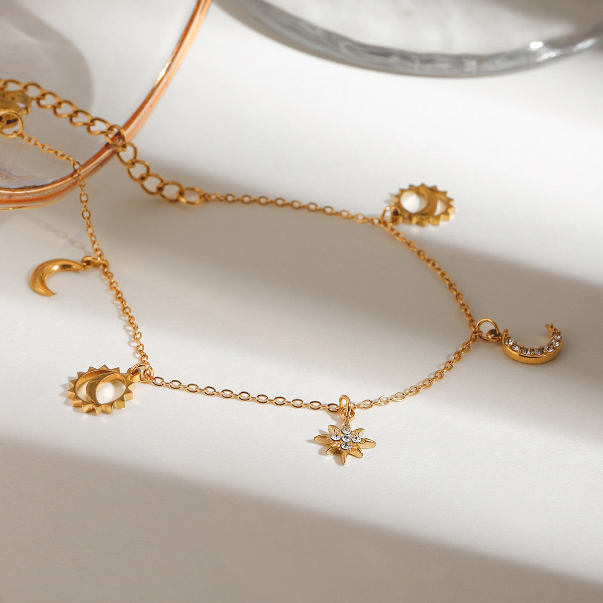 18K Gold Moon and Star Celestial Charm Chain Bracelet
