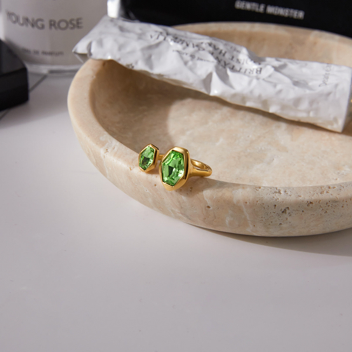 18K Gold Royal Emerald Green Statement Cuff Ring