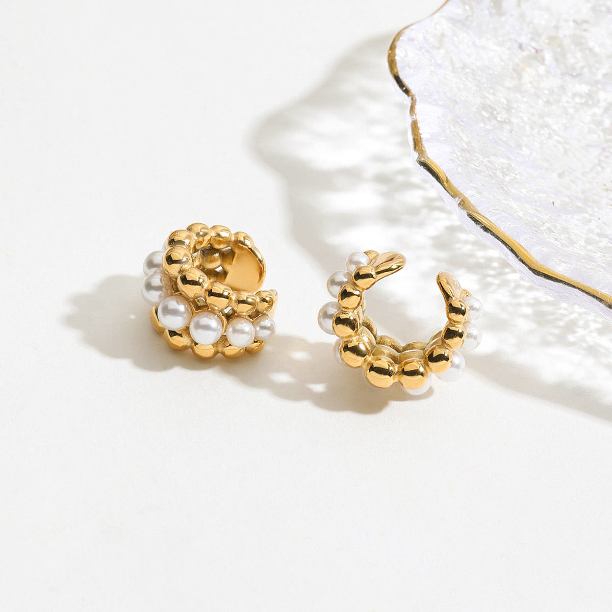 18K Gold Royal Pearl Huggie Earrings Ear Cuffs Set
