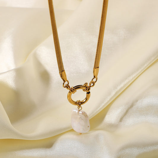 18K Gold Herringbone Snake Chain Pearl Pendant Charm Necklace