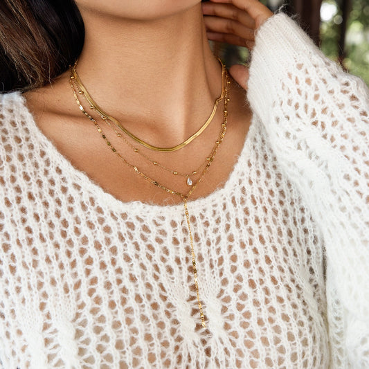 18K Gold Cascade Herringbone Snake Chain Lariat Layered Necklace Set