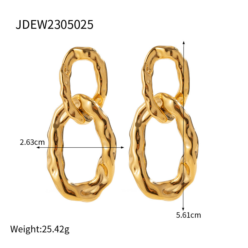 18K Gold Double Hoop Texture Statement Dangle Earrings