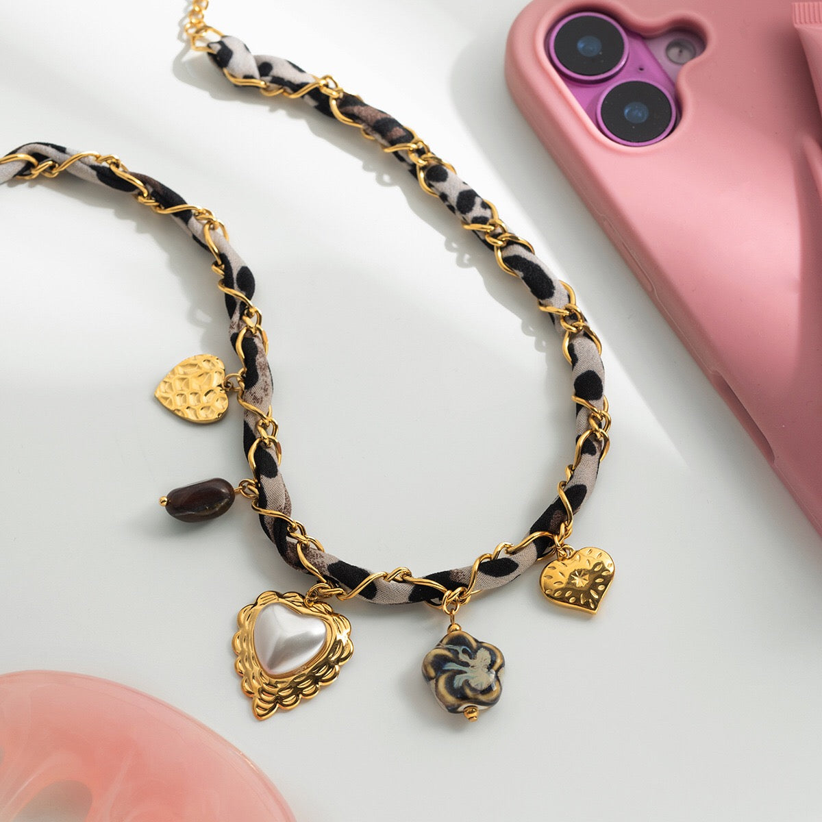 18K Gold Cinnamon Kiss Pearl Heart Ribbon Chain Charm Necklace