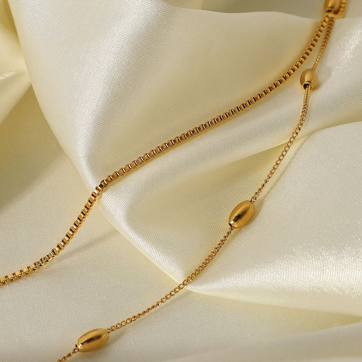 18K Gold Box Chain Beaded Layered Necklace Set