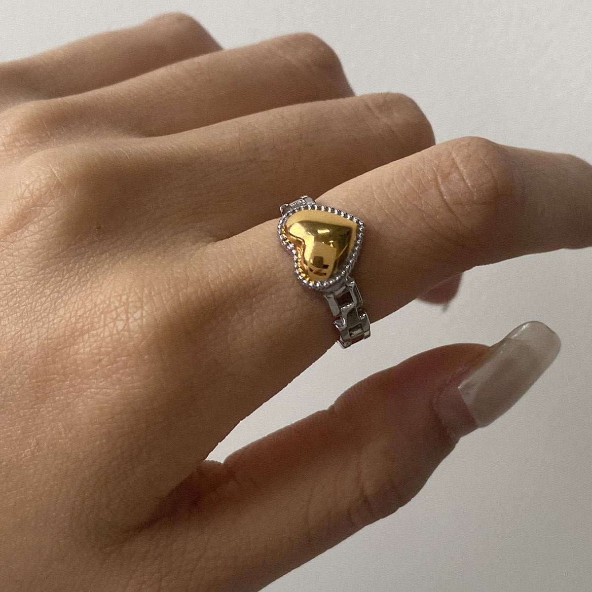 18K Gold and Silver Two Tone Delicate Heart Watch Band Ring