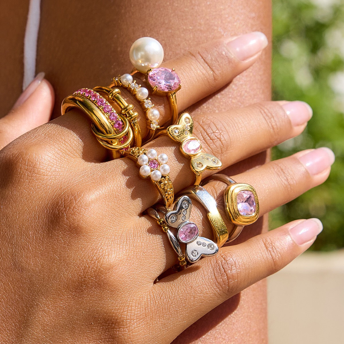 18K Gold Pink Princess Statement Stacking Rings