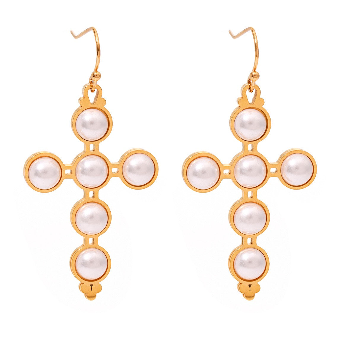 18K Gold Pearl Cross Pendant Lariat Necklace