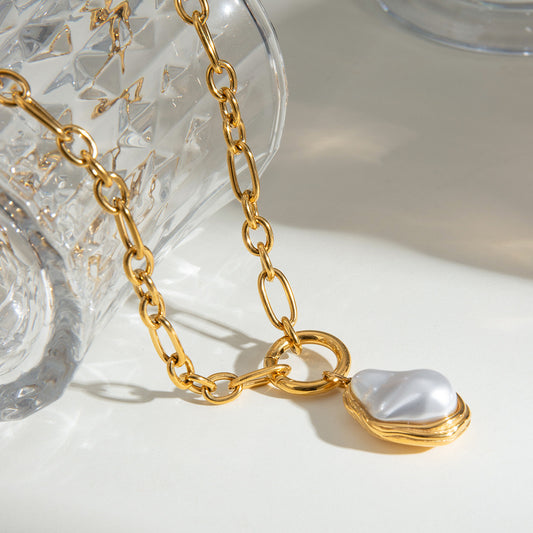 18K Gold Baroque Pearl Paperclip Chain Statement Pendant Necklace
