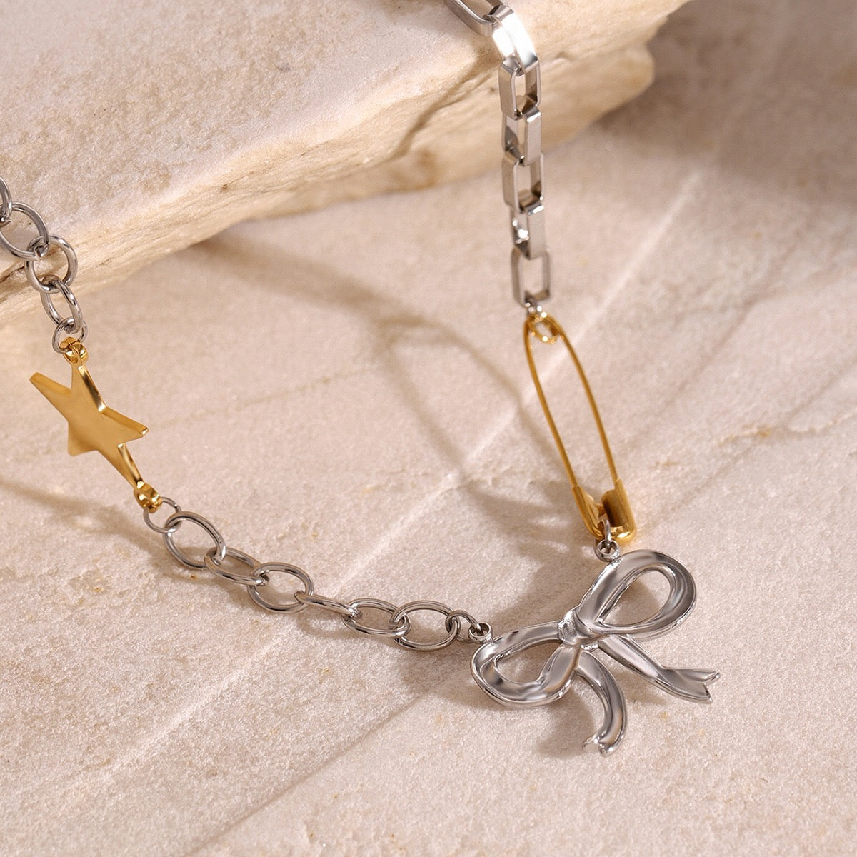 18K Gold and Silver Starry Bow Pendant Pearl Safety Pin Chain Layered Necklace Set