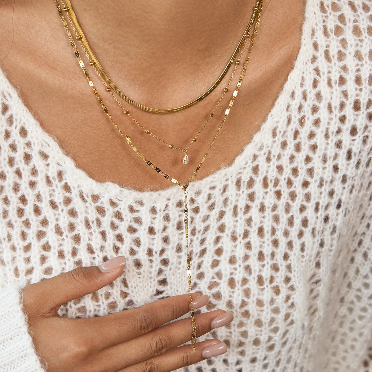 18K Gold Cascade Herringbone Snake Chain Lariat Layered Necklace Set