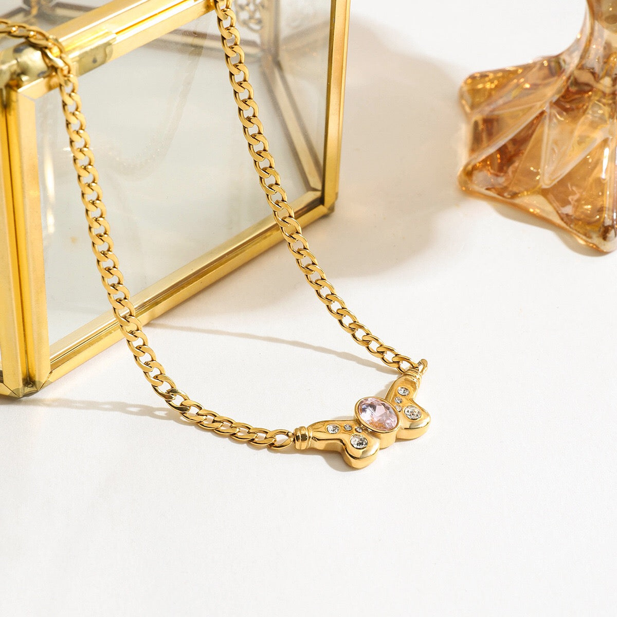 18K Gold Pink Butterfly Curb Chain Necklace