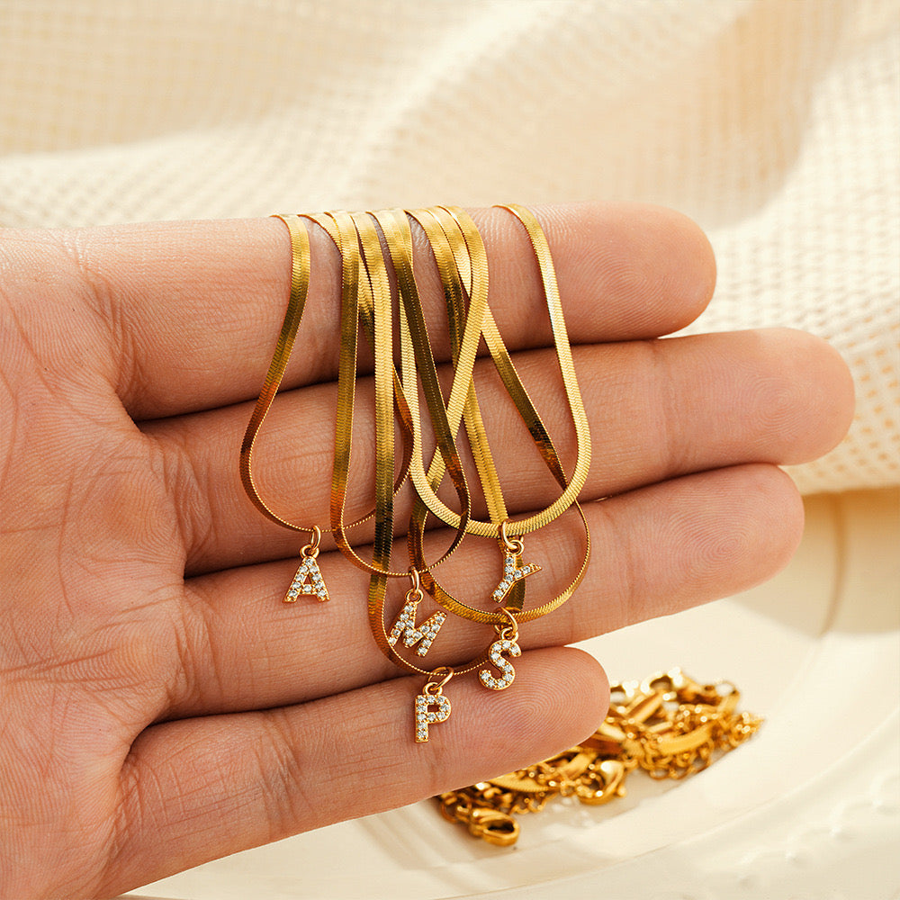 18K Gold Minimalist Glam Herringbone Chain Initial Dainty Necklace