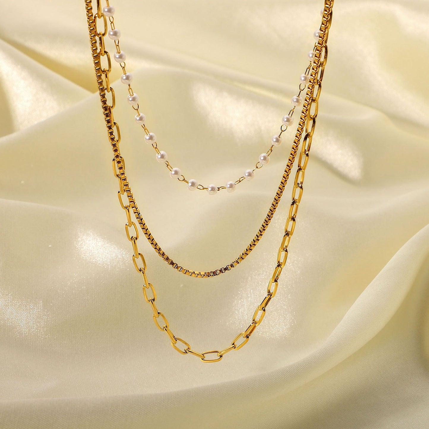 18K Gold Paperclip Box Chain Pearl Layered Necklace