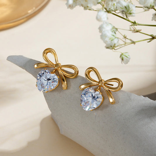18K Gold Bling Heart Bow Dangle Earrings