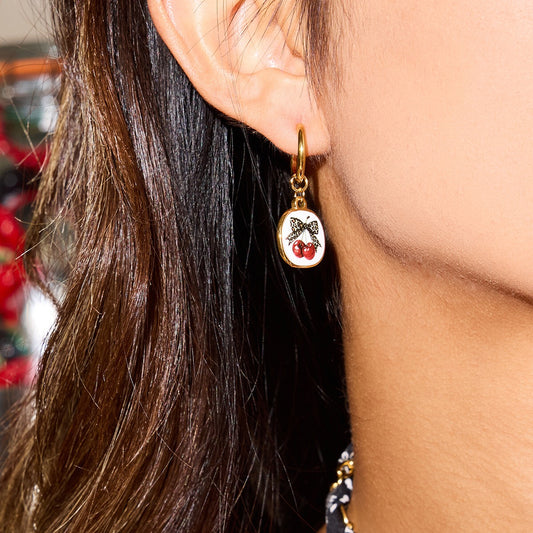 18K Gold Red Cherry Small Hoop Huggie Earrings with Charm