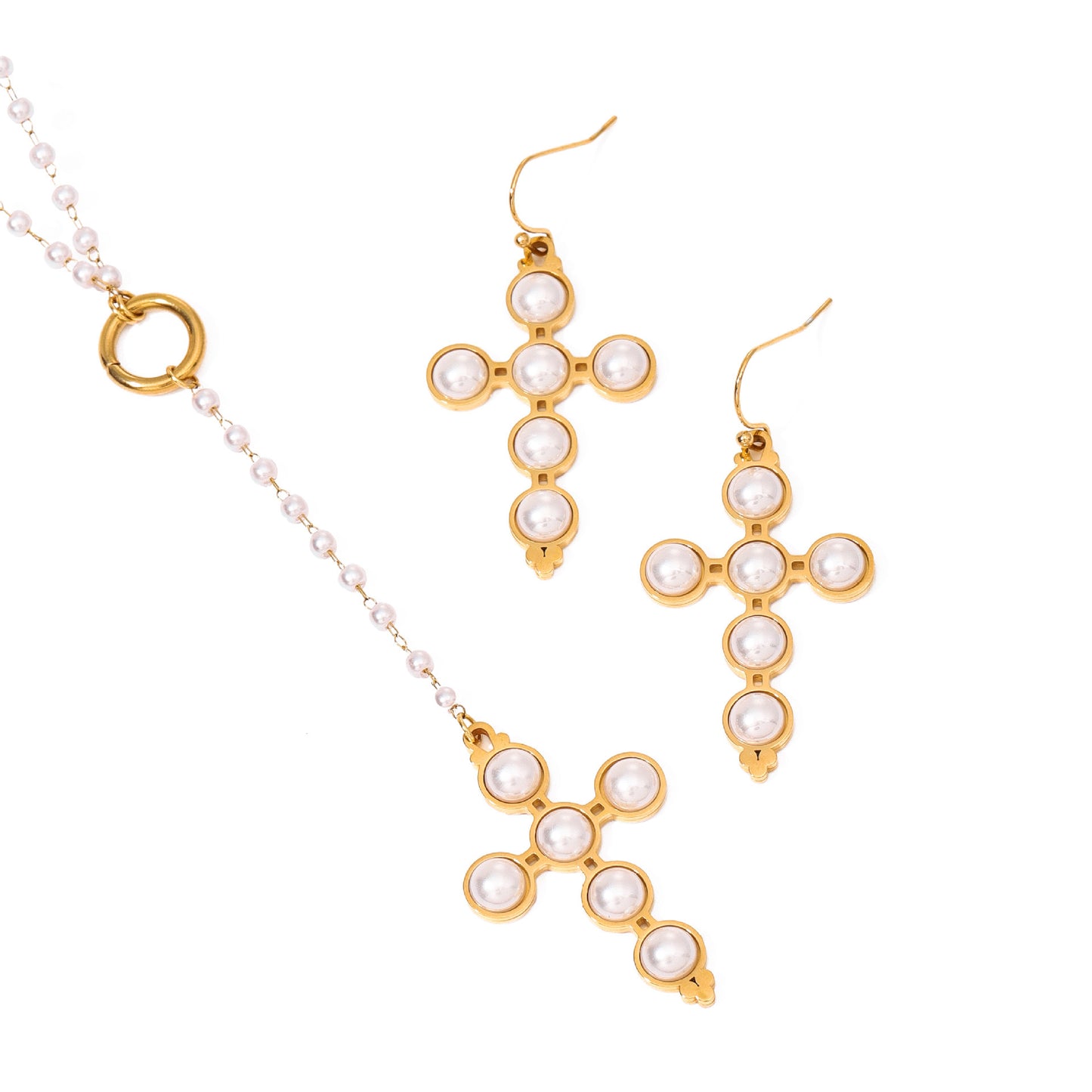 18K Gold Pearl Cross Pendant Lariat Necklace