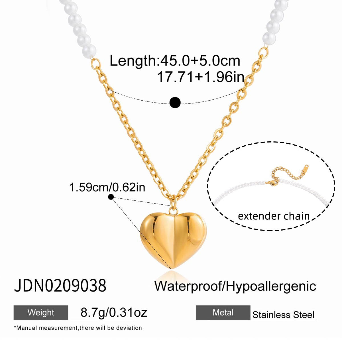 18K Gold Pearl Amour Heart Pendant Beaded Chain Necklace