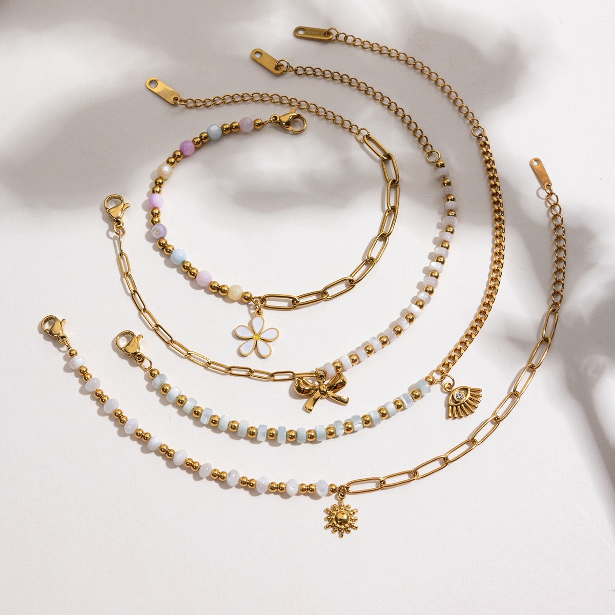 18K Gold Pastel Blue Flower Beaded Chain Bangle Bracelet Stack