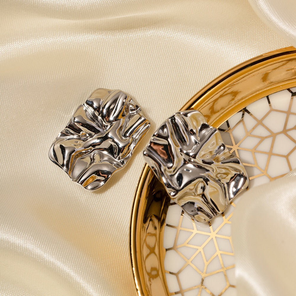 18K Gold Textured Plate Statement Stud Earrings