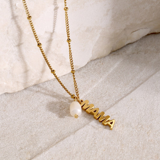 18K Gold MAMA Pearl Charm Pendant Necklace