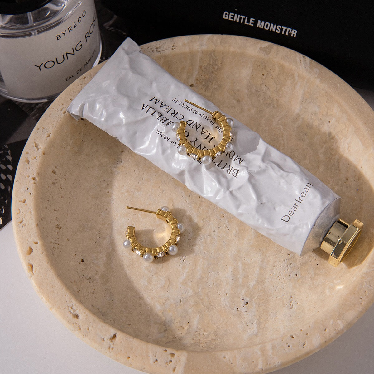 18K Gold Bling Pearl Small Hoop Huggie Earrings