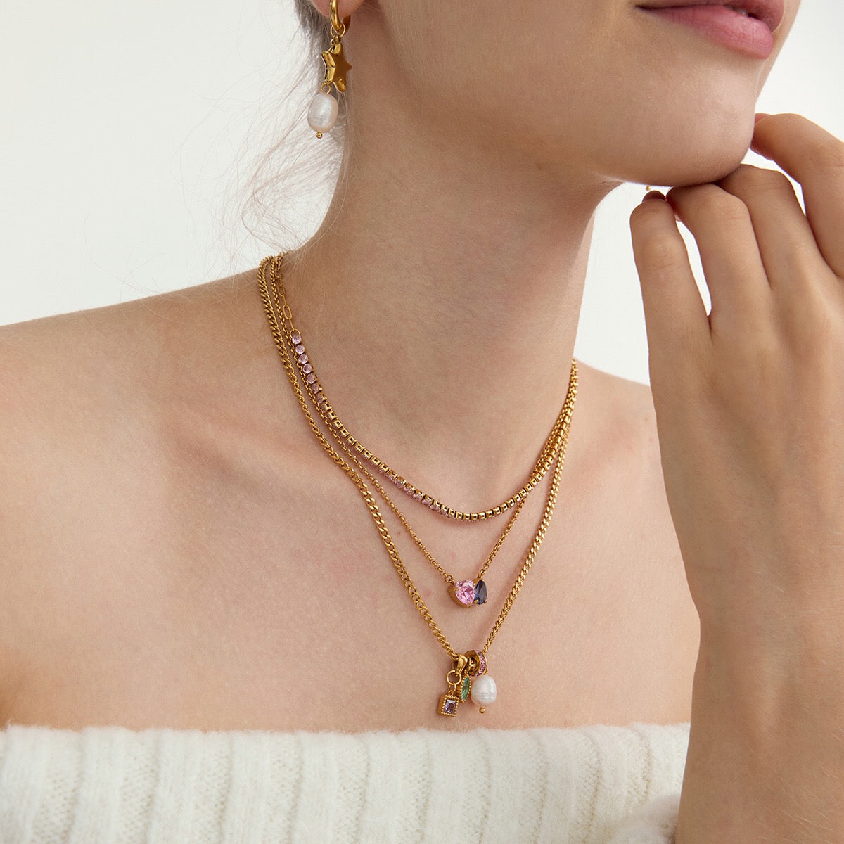 18K Gold Color Twinkle Dainty Charm Layered Tennis Necklace Set